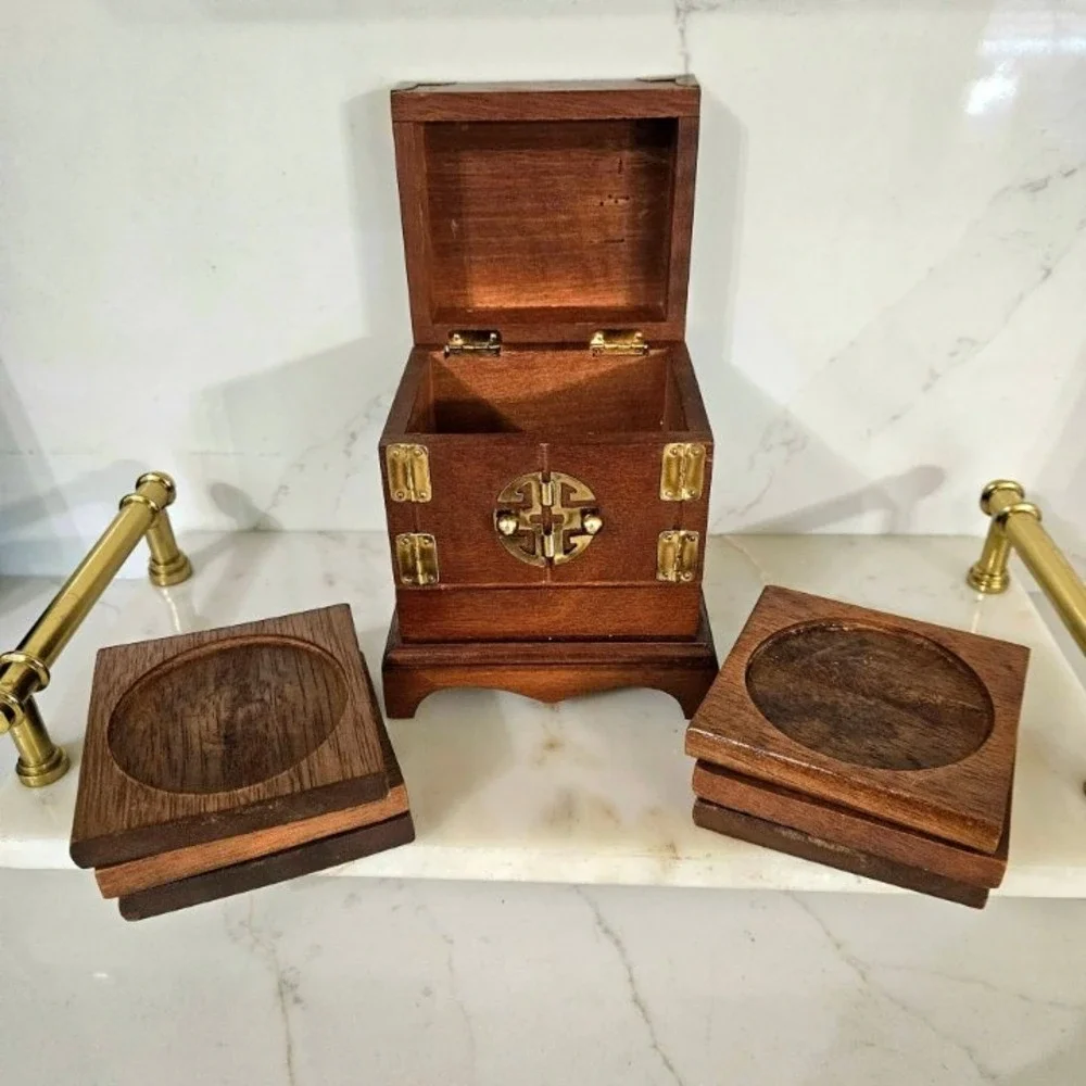 Vintage Asian Style Wooden Trinket Box with Brass Accents and Coasters